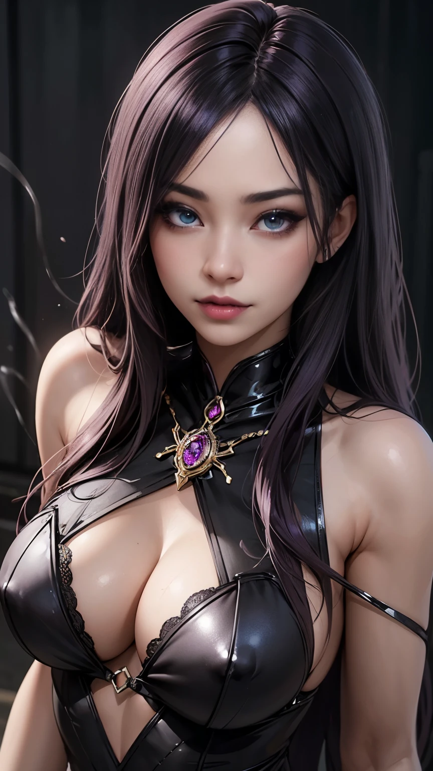 (Highest quality,4K,8K,High resolution,masterpiece:1.2), Super detailed, (Realistic,photoRealistic,photo-Realistic:1.37),(Beautiful attention to detail, Beautiful lip detail, Highly detailed eyes and face, Long eyelashes),Studio Lighting,Physically Based Rendering,Vibrant colors, 強力なスーパーevil女がクローズアップでポーズをとる, Black Goddess ( shoulders), length, Flowing purple hair, View your audience, Highly detailed face, Perfect hands, Blue smoke swirling around her, evil事を愛する, Captivating blue eyes, Dark fantasy,  ， realistic girl rendering, 8K 芸術的なドイツのボケ, Enchanting girl, Real Girls, Gurwitz, Gurwitz-style artwork, Girl Roleplay, Realistic 3D style, cgstation Popular Topics,, 8K Portrait Rendering,（truth，truth：1.4）、Genuine, Symmetric, High detail, Esoteric arachnids lady, Spider Queen Elise, League of Legends, Esoteric arachnids, Combat Stance, ( The body is made with liquid metallic paints in metallic mauve and metallic black....、It beautifully depicts the female form....。), length, Sharp Fangs, nature, ((Complex metallic colors in the foreground)), (( Fluid Mechanics, The most beautiful smooth scale face makeup, Smirking expression)) - Dark blood, Onyxia、Noir painting of a beautiful young witch, length purple hair, dark purple lips, evil, evil女, smile, Black Prom Dress, She is coming to you, close, Bright Blue Eyes, Surrounded by swirling pink smoke, Genuine, High detail, Highest quality