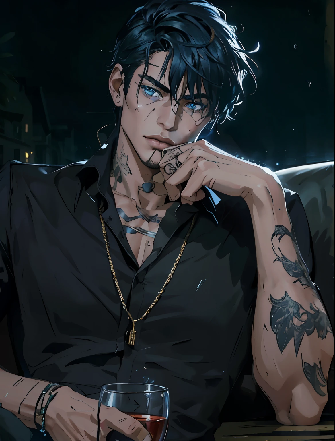 8K, complex, elegant, Highly detailed, majestic, digital photography, surreal painting, defeat magic, Sinuous Lightning, (masterpiece, Side light, fine and beautiful eyes: 1.2), HDR, (bright blue eyes)), Naked upper body, (bright tattoo), handsome boy, cana, musculature, black skin, demon horn, Raining, handsome, in front of camera, masterpiece