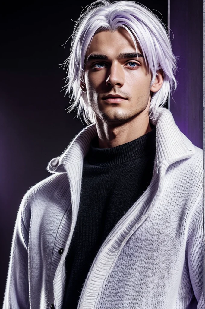 White hair man meter 70 like 17 years old purple eyes black sweater with red and with magic effects with great shading