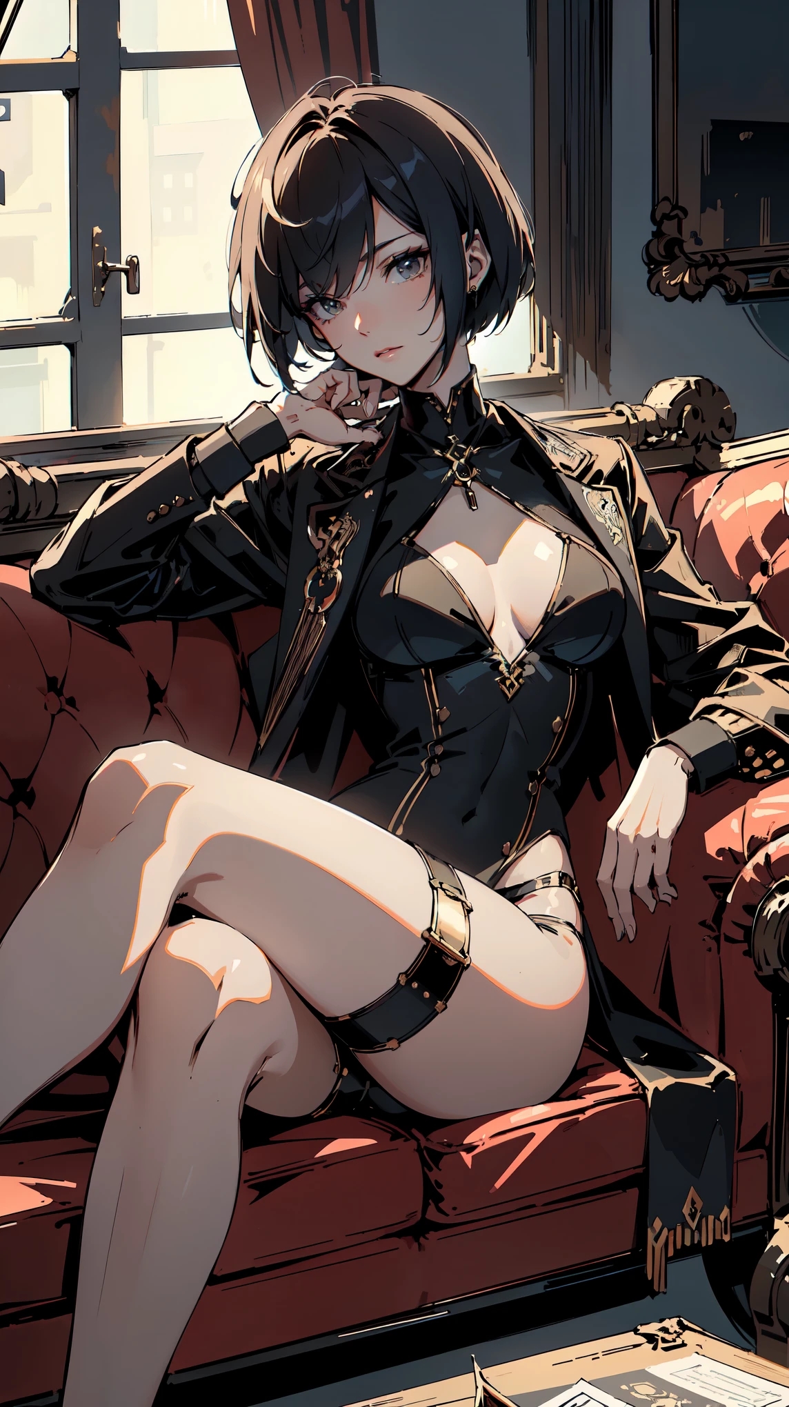 (Masterpiece, Best Quality, Ultra High Resolution , Digital Art,Beautiful and Aesthetic ) . ( One Fashionable adult girl with a short oblique bob, slender figure, expressive and dominating look ) in modern men's suit in youth style , matte black color , lovely thin white but long tie , (silk thick threads of red color connect the necklines on the sides of the whole suit) , . The character sits on a large massive sofa with lots of leather and metal patterns on it in vintage style , an interesting and atmospheric pose that characterizes the character , .