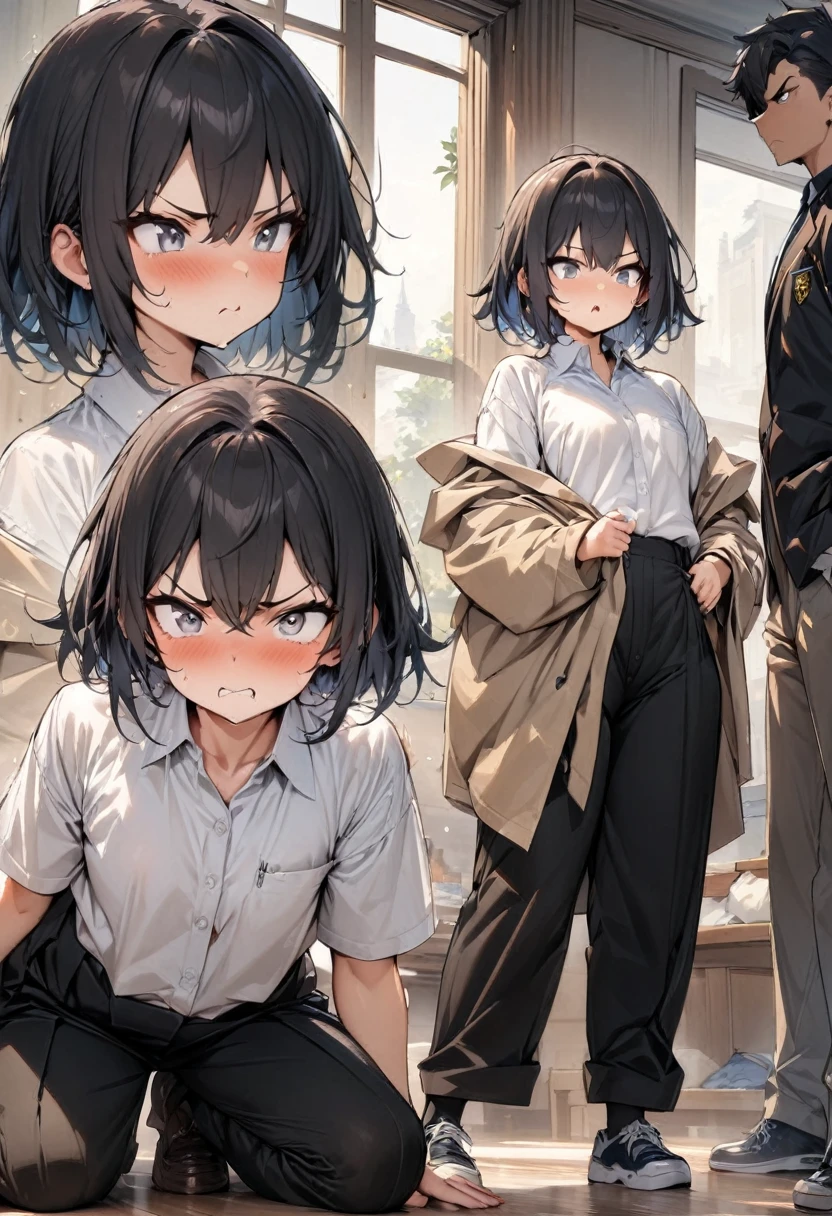 (masterpiece:1.2),(best quality:1.2),(masterpiece, best quality, ultra-high resolution), (1girl), (1 character), A girl angry and surprise, (male school uniform) male pants, oversize clothes, tomboy, short hair, black hair, silver eyes