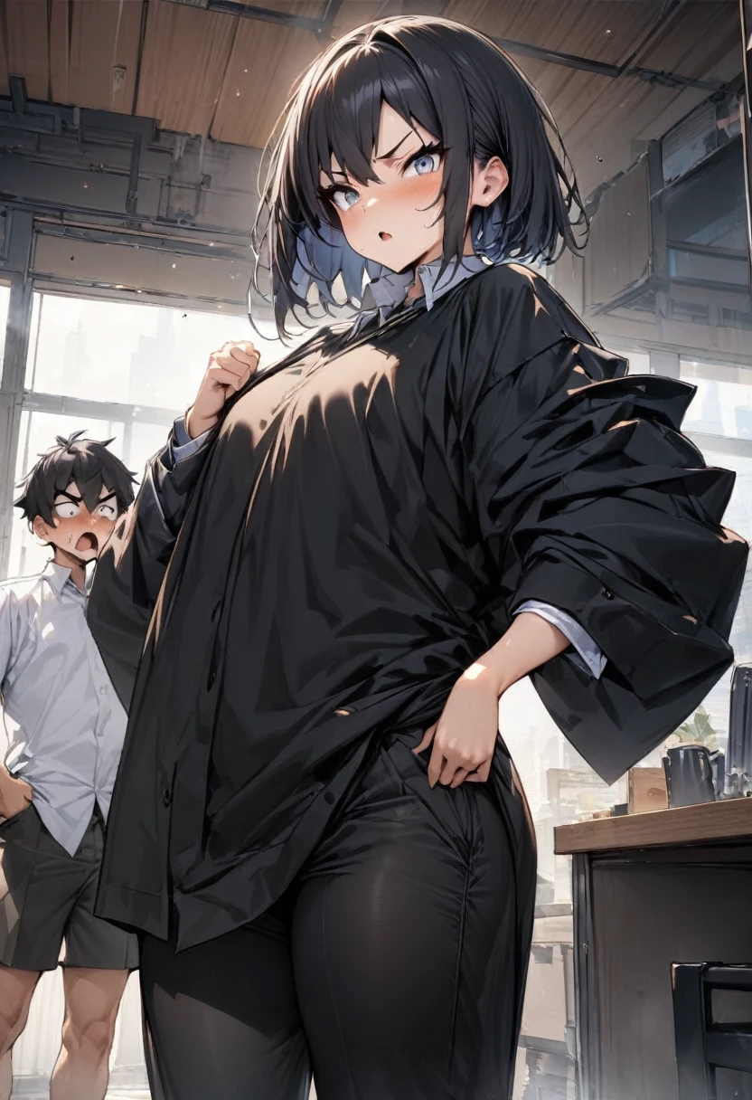 (masterpiece:1.2),(best quality:1.2),(masterpiece, best quality, ultra-high resolution), (1girl), (1 character), A girl angry and surprise, (male school uniform) male pants, oversize clothes, tomboy, short hair, black hair, silver eyes