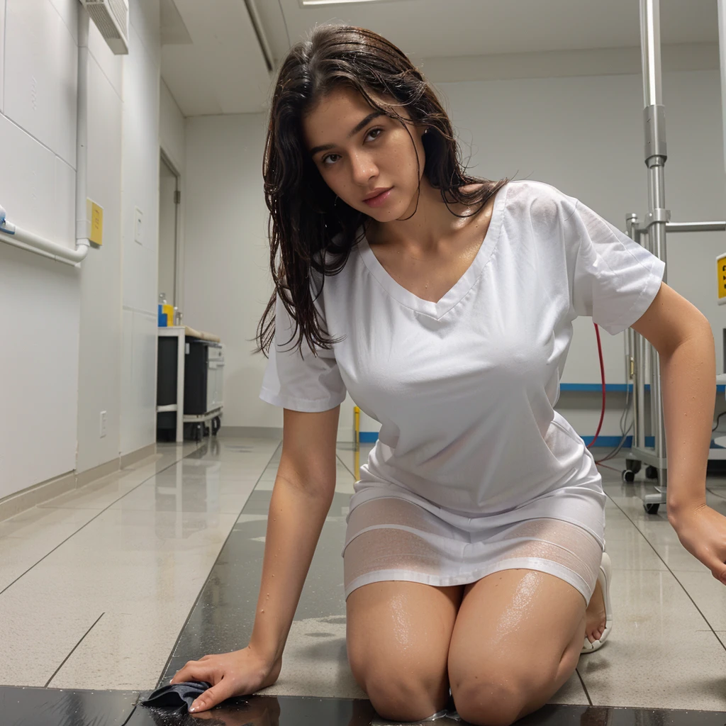 arafed woman mopping public school floor, kneeling on the floor with a black object in her hand, dressed in a white t shirt, wearing a white hospital gown, stood in a lab, at the hospital in patient gown, wet shirt, clothed in white shirt, 2 4 year old female model, in white clothes, close body shot, wearing a wet white short dress