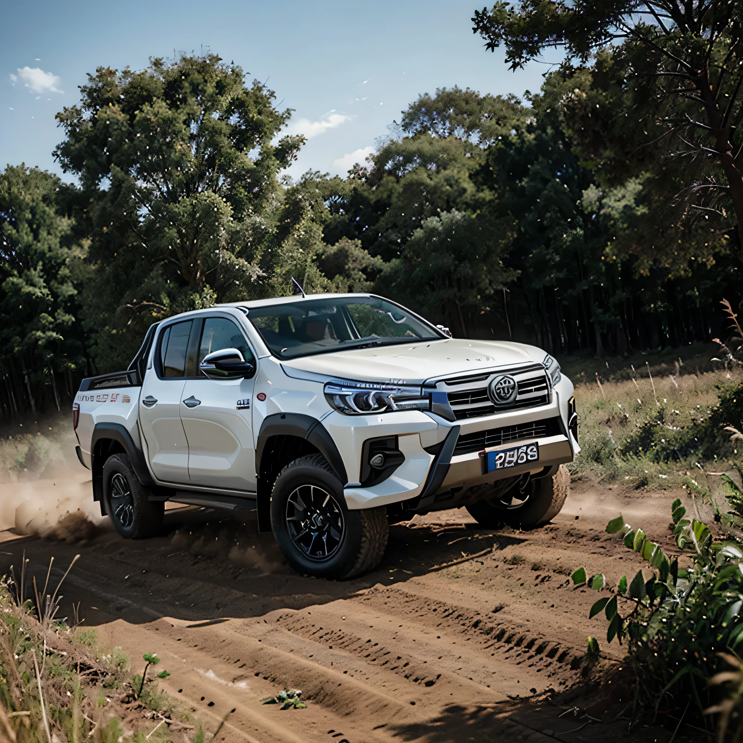 toyota hilux 2021 off road vehicle in a field with trees with a dirt track