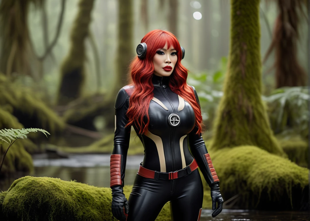 a beautiful ((chong)) in ((mat)) rubber scifi space suit, black and beige, emblem, (heavy gloves), long red hair, standing in (( battle city)), moss, swamp, (dark) jungle, full body, cinematic, (bokeh), photo realistic, canon 75mm f/2.8, naturalistic lighting, dynamic shadows, depth of field, [[skin pores]], masterpiece

