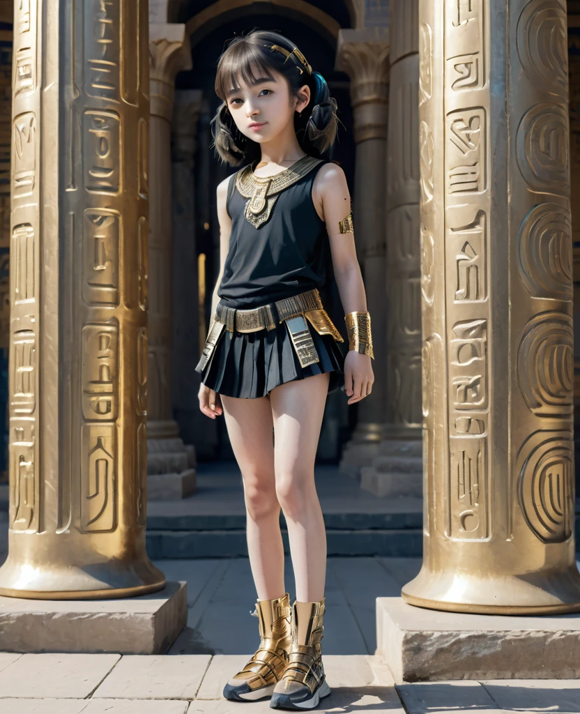 close, full length,Cute 10 year old girl , Cyberpunk Gold Parts Body,Egyptian pillars in the background, Super high-quality details