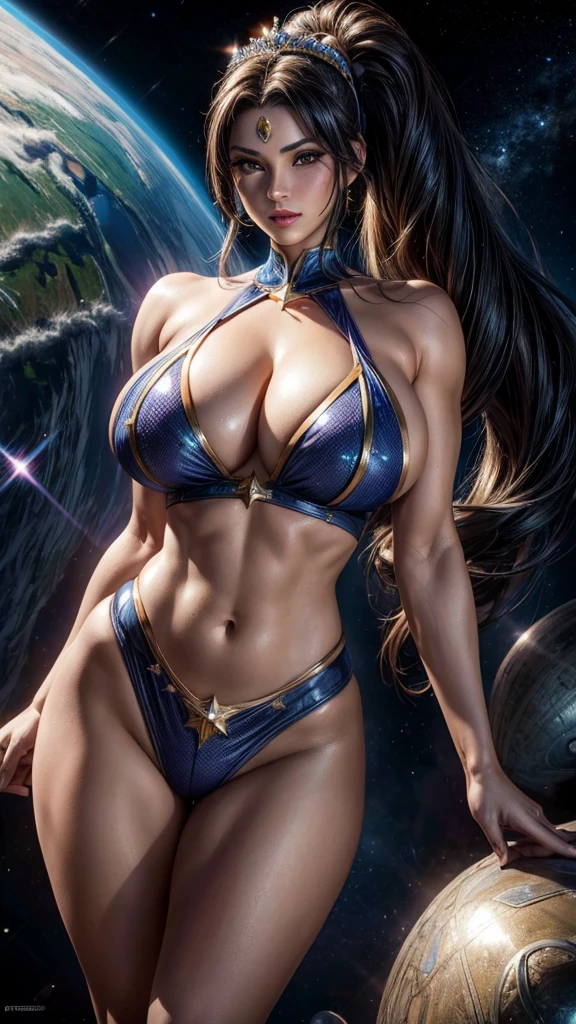 ( Masterpiece, 8k resolution, ultra-realistic, very detailed) ???? star sapphire cosmic super heroine (wears a tiara/headband) photography by artgerm, in the style of realism, glistening skin, cartooncore, mangacore, natural lighting, Defined full lips. Muscular Latina Adult model Daisy Marie, fitness feminine, body ????????????, excessivecleavage, sideboob, (In space) (ponytail)