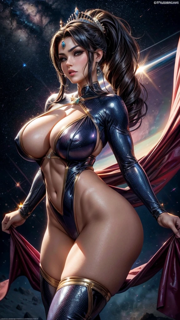 ( Masterpiece, 8k resolution, ultra-realistic, very detailed) Sexy star sapphire cosmic super heroine (wears a tiara/headband) photography by artgerm, in the style of realism, glistening skin, cartooncore, mangacore, natural lighting, Defined full lips. Muscular Latina Adult model Daisy Marie, fitness feminine, body huge breasts, excessivecleavage, sideboob, (In space) (ponytail)