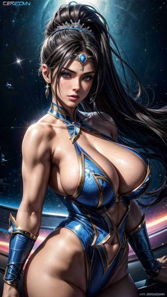 ( Masterpiece, 8k resolution, ultra-realistic, very detailed) Sexy star sapphire cosmic super heroine (wears a tiara/headband) photography by artgerm, in the style of realism, glistening skin, cartooncore, mangacore, natural lighting, Defined full lips. Muscular Latina Adult model Daisy Marie, fitness feminine, body huge breasts, excessivecleavage, sideboob, (In space) (ponytail)