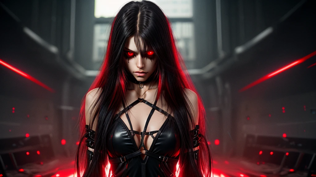 best quality, intricate details, chromatic aberration, 1girl, long hair, black hair, messy hair, red highlights, hair over one eye, red eyes, sharp eyes, choker,, , armbinder, arms behind back, bound arms,
