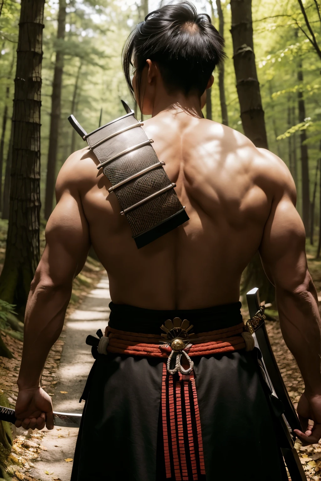 ((best qualityer)), ((work of art)), (detailded), a samurai walking through the woods holding his sword sideways and the shine of the blade reflecting the sunlight on his back and entire body
