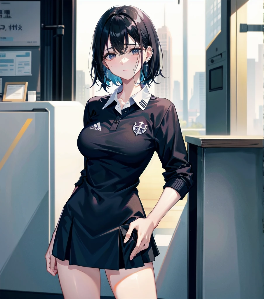 whole body, delicate facial features, big tits, medium hair, black hair, tearful mole, earring, golf uniform,