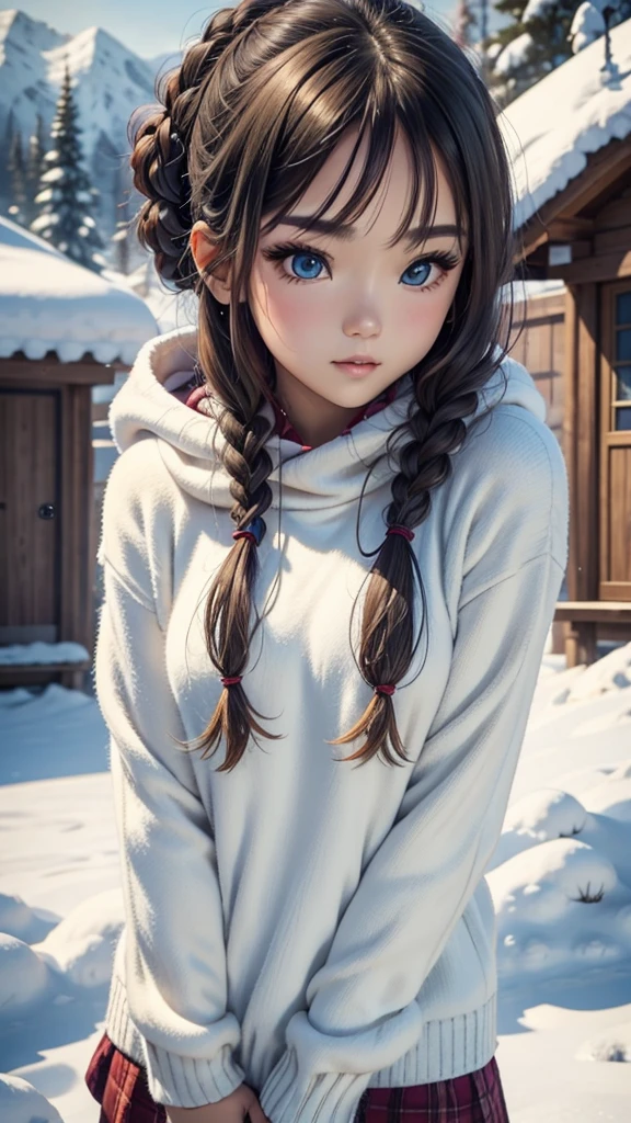 _modelshoot style, banchan is happily building a snowman with olive eyes, single house background, snowy mountains background, snowing, (banchan green hair:0.8), (banchan yellow hair:0.7), (banchan ombre hair:0.4), (focus on banchan: 0.8), Zoom Lens Shot, by studio ghibli, (((masterpiece))), (((best quality))), (extremely detailed CG unity 8k wallpaper)