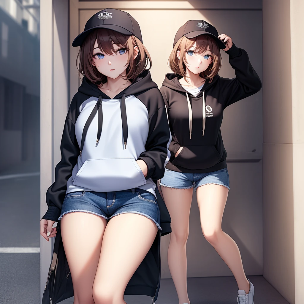 masterpiece, ultra high quality, very high definition, perfect generation, cute woman wearing a hoodie and shorts