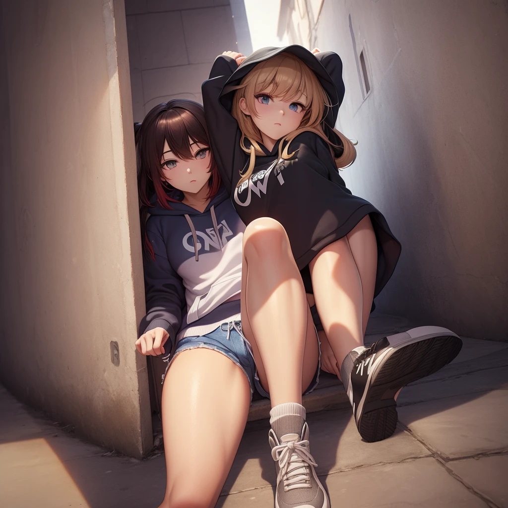 masterpiece, ultra high quality, very high definition, perfect generation, cute woman wearing a hoodie and shorts