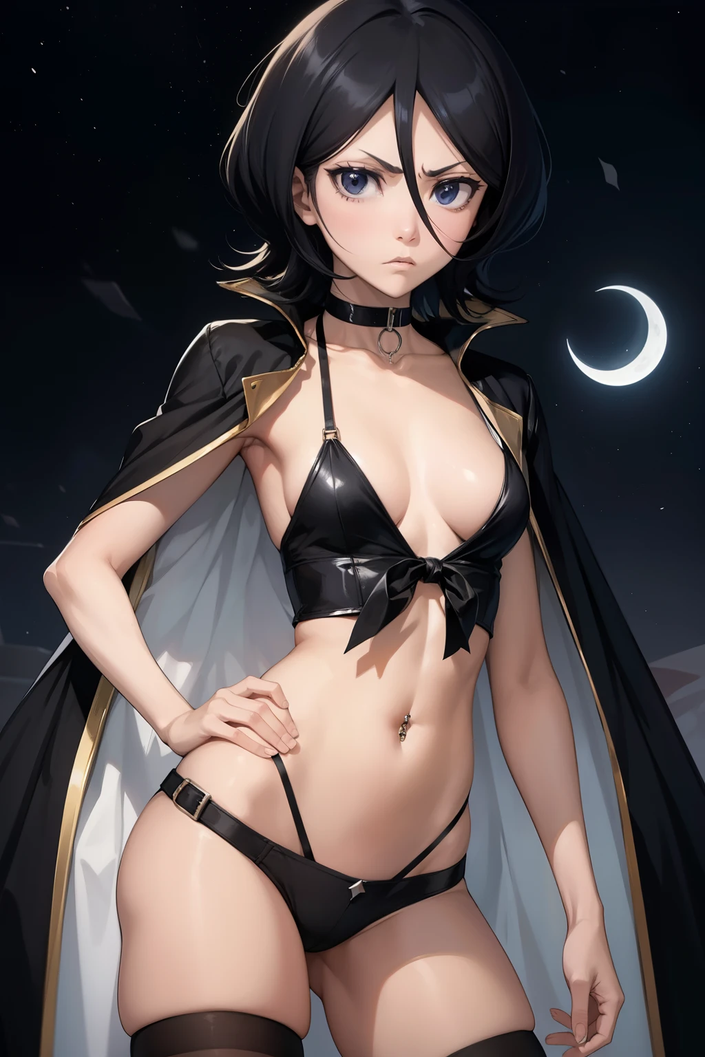 Rukia , 1girl , anime , masterpiece , Black color hair, jaqueta aberta open clothes ,flat chest ,no bra, pantie , long socks, angry face ,menacing , belly button piercing ,garterbelt . moon background.