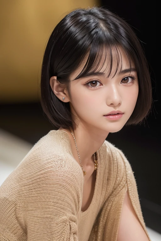 (High resolution:1.3), (16K, Realistic, RAW Photos, Best image quality: 1.4), Japanese, (One Girl), Beautiful Face, (Lively Faces), (Black-haired、short hair:1.3), Beautiful Hairstyles, Realistic eyes, Beautiful and detailed eyes, (Realistic Skin), Beautiful skins, Charm, 超High resolution, Surreal, High detail, Golden Ratio, Highly detailed cute girl,(20-year-old), fashion show, Runway, loose front of neck, thigh