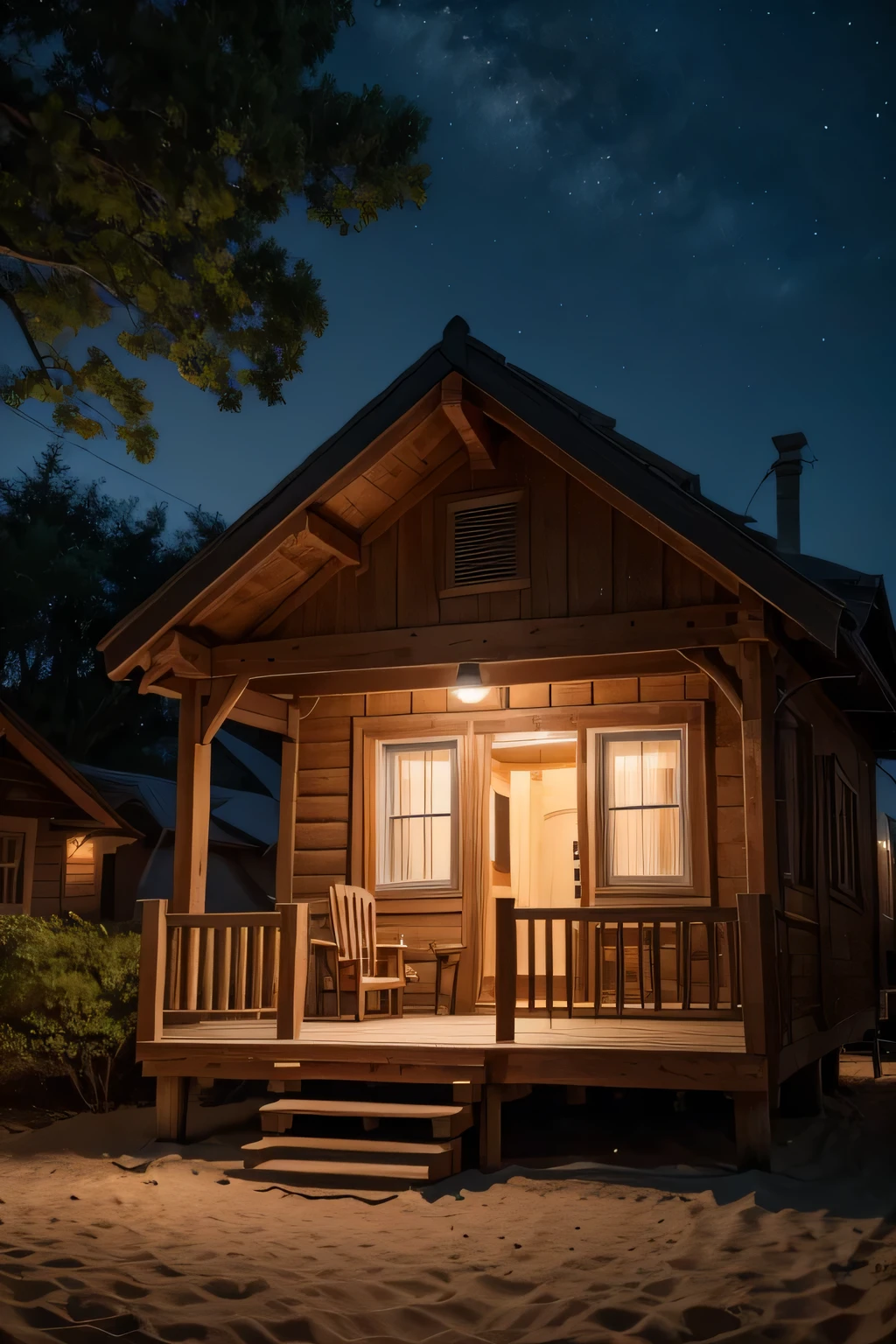 a small wooden house, a chair on the porch of the house, a small tree next to the house, a small dog in the sandy yard, dark night, a small frosted lamp, illuminating the house, beautiful 8K colors.