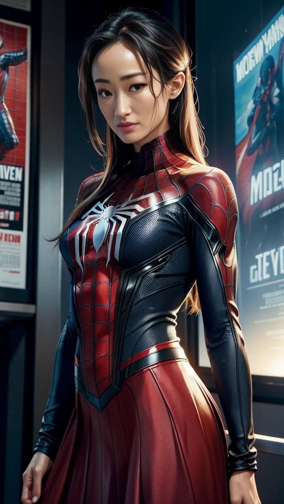 Maggie Q、マーベルコミックの映画Poster、so beautiful、Movies about Spider-Man、sexy、whole body、Wearing a skirt、Premiere Date、Poster、belly buttonを突き出す、new york、She&#39;s wearing a ripped Spiderman suit、The suit is torn、Wearing a skirt、Red and black color scheme、dynamic、masterpiece、Highest quality、Super detailed、Very detailed、Delicate and beautiful shine、Ultra-high resolution、Cinematic、break、breakドロップ、(Torn clothes:1.5)、(Wet clothes:1.4)、Bare shoulders、Real Rain、Wet Hair、belly button、Exposed Skin、sexyな肩を披露