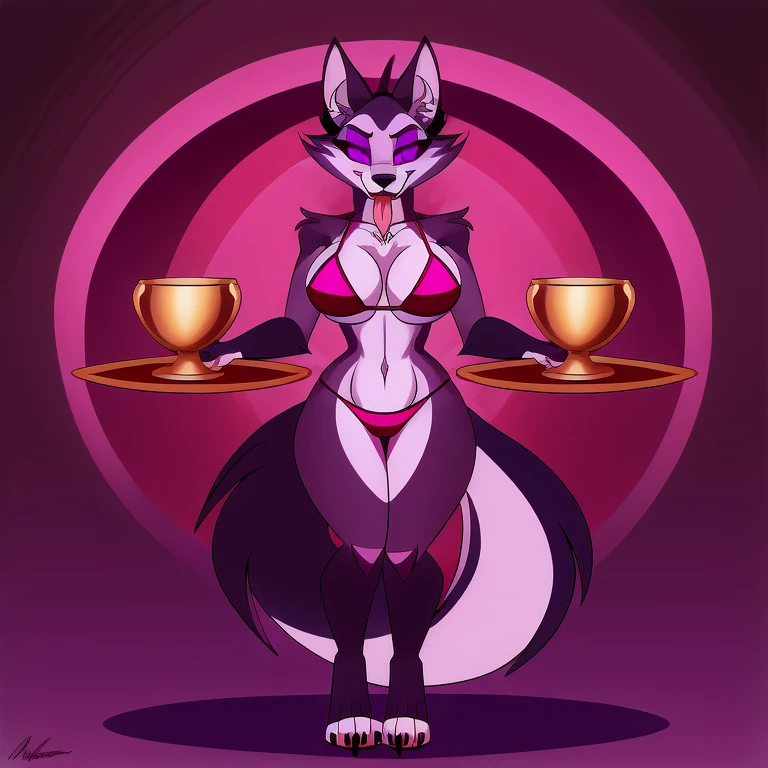 (masterpiece, best quality:1.2), Vortex female hellhound, wolf, furry, helluva boss, hypnotized with glowing purple eyes, tongue out, using bikini, carrying a tray with golden cup full body image