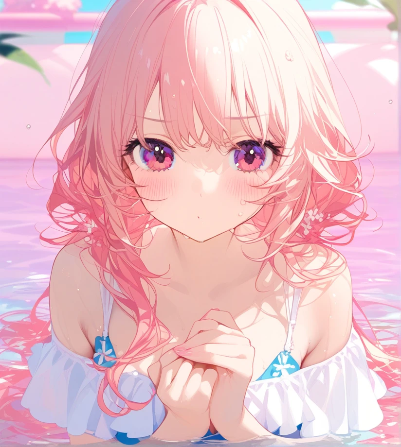 ((top-quality)), ((​masterpiece)), ((ultra-detailliert)), (extremely delicate and beautiful), (clear), Create an anime image of a girl with peachy hair and peachy eyes. Her hair is long and slightly wavy, with a few strands falling over her face. She is in a modern swimming pool, with clear blue water reflecting the sunlight. She is wearing a stylish, light blue swimsuit that complements her hair and eye color. The girl is standing waist-deep in the water, with her hair wet and clinging to her shoulders. She has a playful and cheerful expression, with a slight blush on her cheeks, as she splashes water with one hand. The background features a bright and sunny day, with a few fluffy clouds in the sky and some green plants around the pool area. The overall mood is fun and refreshing, capturing a lively summer day.