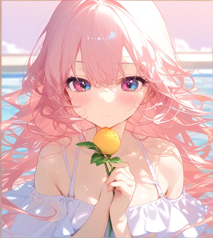 ((top-quality)), ((​masterpiece)), ((ultra-detailliert)), (extremely delicate and beautiful), (clear), Create an anime image of a girl with peachy hair and peachy eyes. Her hair is long and slightly wavy, with a few strands falling over her face. She is in a modern swimming pool, with clear blue water reflecting the sunlight. She is wearing a stylish, light blue swimsuit that complements her hair and eye color. The girl is standing waist-deep in the water, with her hair wet and clinging to her shoulders. She has a playful and cheerful expression, with a slight blush on her cheeks, as she splashes water with one hand. The background features a bright and sunny day, with a few fluffy clouds in the sky and some green plants around the pool area. The overall mood is fun and refreshing, capturing a lively summer day.