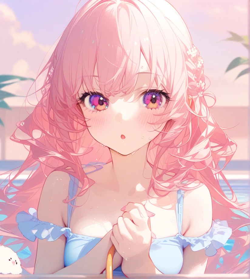 ((top-quality)), ((​masterpiece)), ((ultra-detailliert)), (extremely delicate and beautiful), (clear), Create an anime image of a girl with peachy hair and peachy eyes. Her hair is long and slightly wavy, with a few strands falling over her face. She is in a modern swimming pool, with clear blue water reflecting the sunlight. She is wearing a stylish, light blue swimsuit that complements her hair and eye color. The girl is standing waist-deep in the water, with her hair wet and clinging to her shoulders. She has a playful and cheerful expression, with a slight blush on her cheeks, as she splashes water with one hand. The background features a bright and sunny day, with a few fluffy clouds in the sky and some green plants around the pool area. The overall mood is fun and refreshing, capturing a lively summer day.