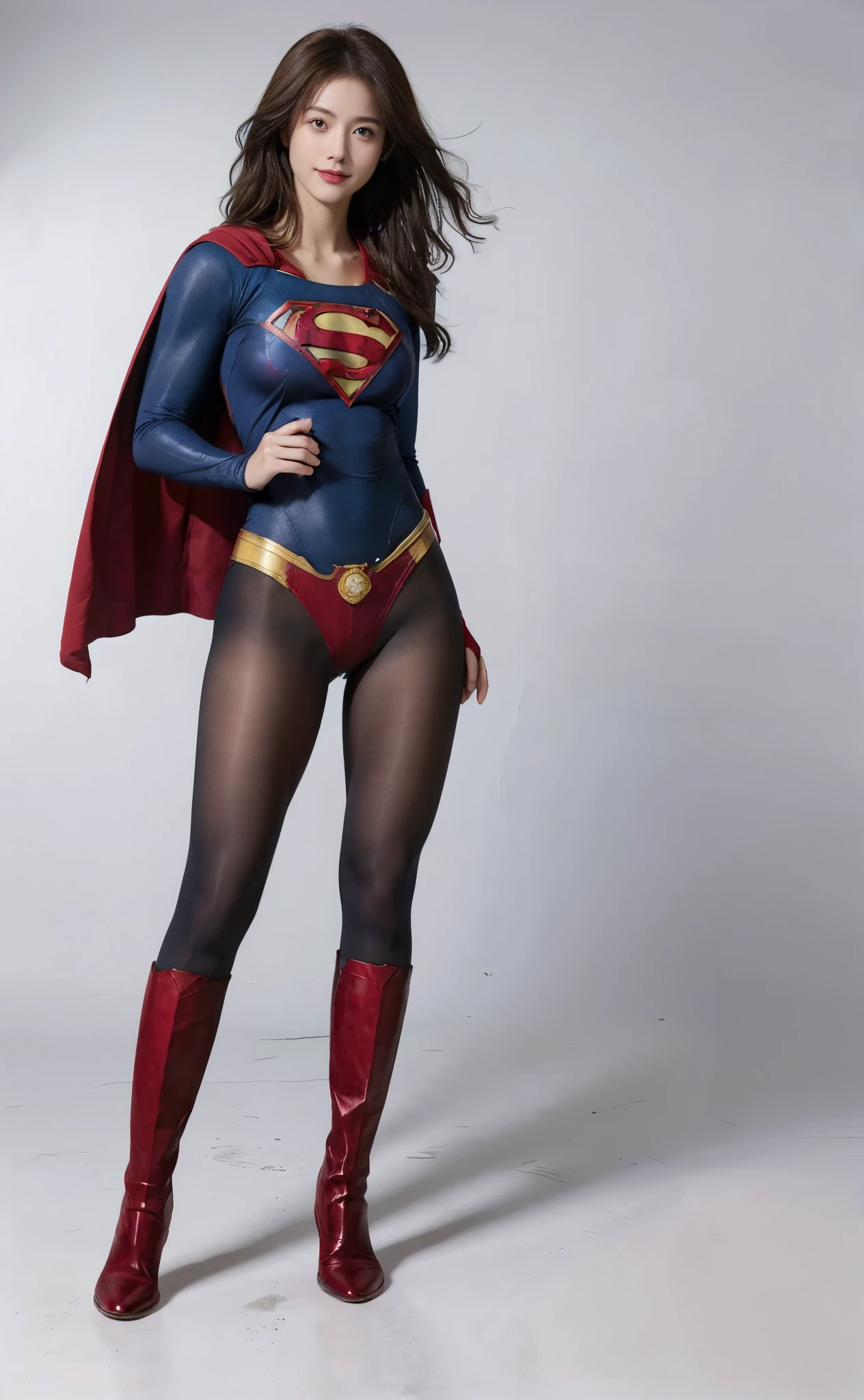 No background、(((Beautiful legs in black tights.)))、(((Legally express the beauty of your smile)))、((((Make the most of your original images)))、(((Body-hugging Supergirl costume)))、(((Supergirl Costume)))、(((Beautiful Hair)))、(((suffering)))、(((Please wear black tights....、Wear red boots)))、((Best image quality、8K))、((Highest quality、8K、masterpiece:1.3))、(((Preserve background )))、Sharp focus:1.2、Beautiful woman with perfect figure:1.4、Slim Abs:1.2、Wet body:1.5、Highly detailed face and skin texture、8K