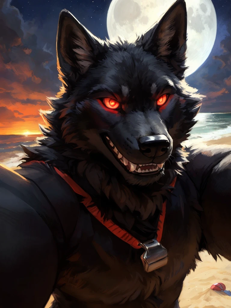 uploaded to e621, beautiful and detailed portrait of a male feral Wolf, kenket, ross tran,Ruan Jia, uploaded to e621, high resolution, photorealestic, cenematic lighting, (((wicked))), (((in the beach))), Wolf, full entire body, Muzzle with sharp teeth, night at full moon, dark black fur, black face, ((red glowing eyes)) Evil smiling face, strand outfit, 独奏, 1boy, Selfie