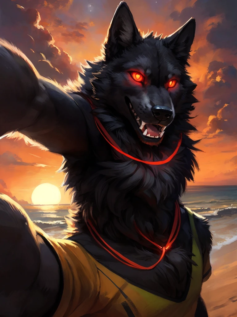 uploaded to e621, beautiful and detailed portrait of a male feral Wolf, kenket, ross tran,Ruan Jia, uploaded to e621, high resolution, photorealestic, cenematic lighting, (((wicked))), (((in the beach))), Wolf, full entire body, Muzzle with sharp teeth, night at full moon, dark black fur, black face, ((red glowing eyes)) Evil smiling face, strand outfit, 独奏, 1boy, Selfie