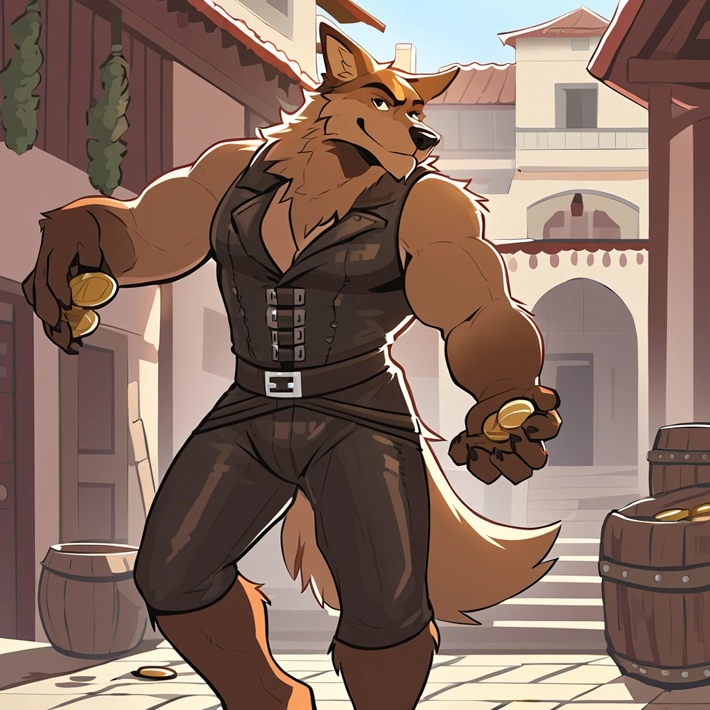 canid, canine, canis, mammal, mythological_canine, mythological_creature, were, werecanid, werecanine, weredog, dog, mythology, questionable, anthro, biped, brown_body, brown_fur, black_nose, dog_snout, male, fingers, fluffy, fluffy_tail, fur, looking_foward, looking_at_viewer, muscular, muscular_anthro, muscular_male, merchant, holding_coins, dropping_coins, falling_coins, raised_ears, courtyard, leather clothes, smirk, solo, standing, tail, tuft, 2020, digital_media_(artwork), hi_res, masterpiece