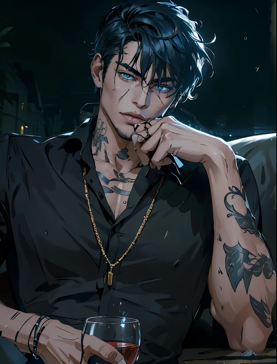 8K, complex, elegant, Highly detailed, majestic, digital photography, surreal painting, defeat magic, Sinuous Lightning, (masterpiece, Side light, fine and beautiful eyes: 1.2), HDR, (bright blue eyes)),  upper body, (bright tattoo), handsome boy, cana, musculature, black skin, demon horn, Raining, handsome, in front of camera, masterpiece