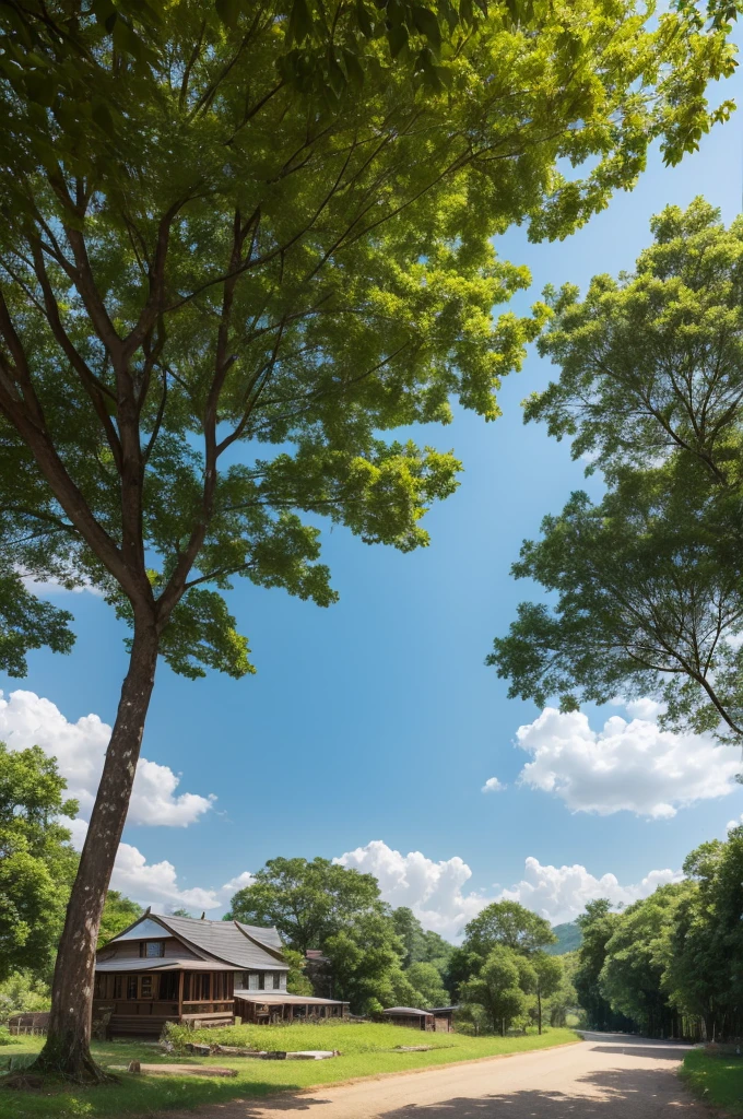 Create a string with these descriptions. Imagine a scene under the blue sky of the northeastern hinterland, where two boys and one are under a shady tree
