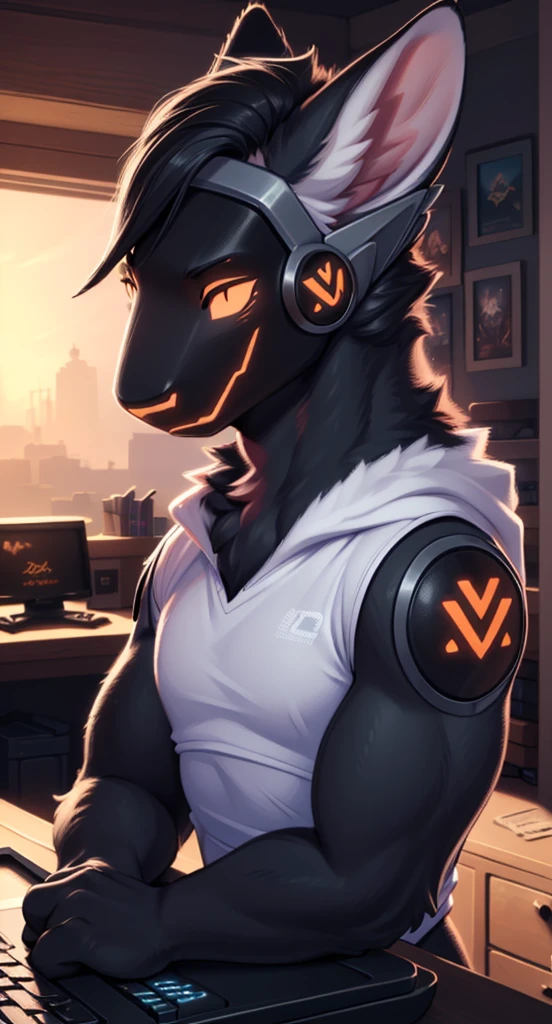a highly detailed male furry protogen wearing gamer clothes, gaming on his pc, extremely detailed emo hair, red headlight, (best quality,4k,8k,highres,masterpiece:1.2),ultra-detailed,(realistic,photorealistic,photo-realistic:1.37),cinematic lighting,hyper detailed,intricate,sharp focus,vibrant colors,digital painting