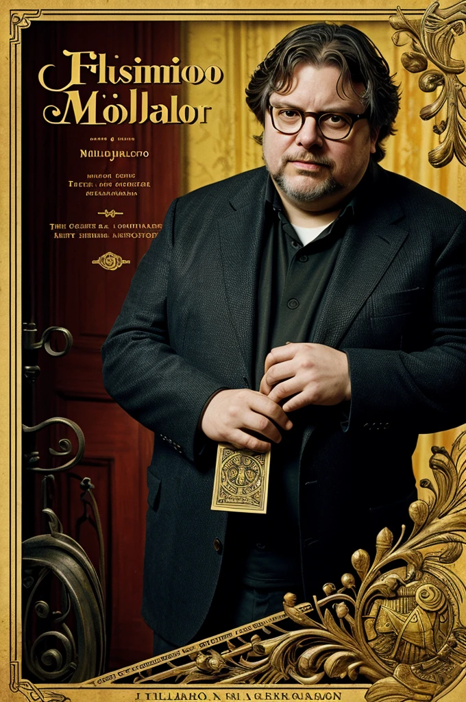 Create a film cover with the characteristics of being directed by film director Guillermo Del Toro. (his style) based on Russian-American author Vladimir Nabokov's iconic book titled "ta" and that contains Susy Diaz on the cover (as Charlotte Haze), Florcita (Hija de Sussy Diaz) as Dolores Haze/Lolind Eddie Hidalgo as Humbert Humbert inspired by the image used in the 1997 version directed by Adrian Lyne