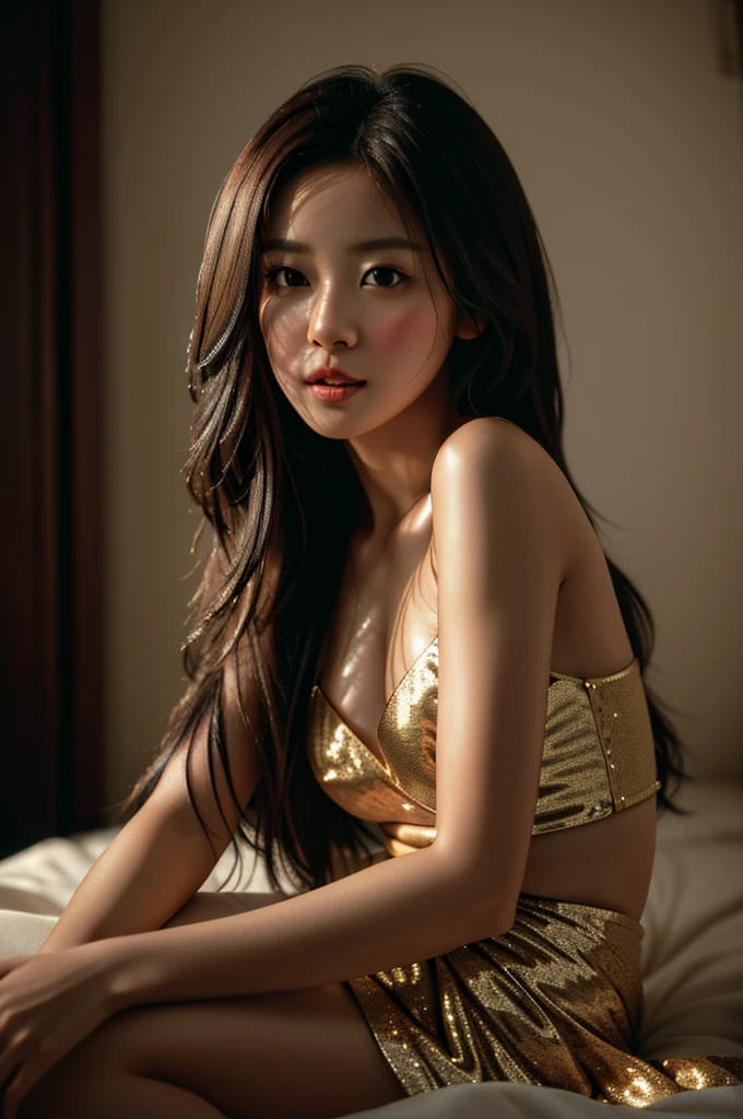 Best portrait photography, RAW photo, 8K UHD, film grain, cinematic lighting, elegant 1girl, (natural skin texture), natural pose, embellishments, cinematic texture, 35mm lens, shallow depth of field, silky long hair, small breast, sexy pose, full body pose, small waist,