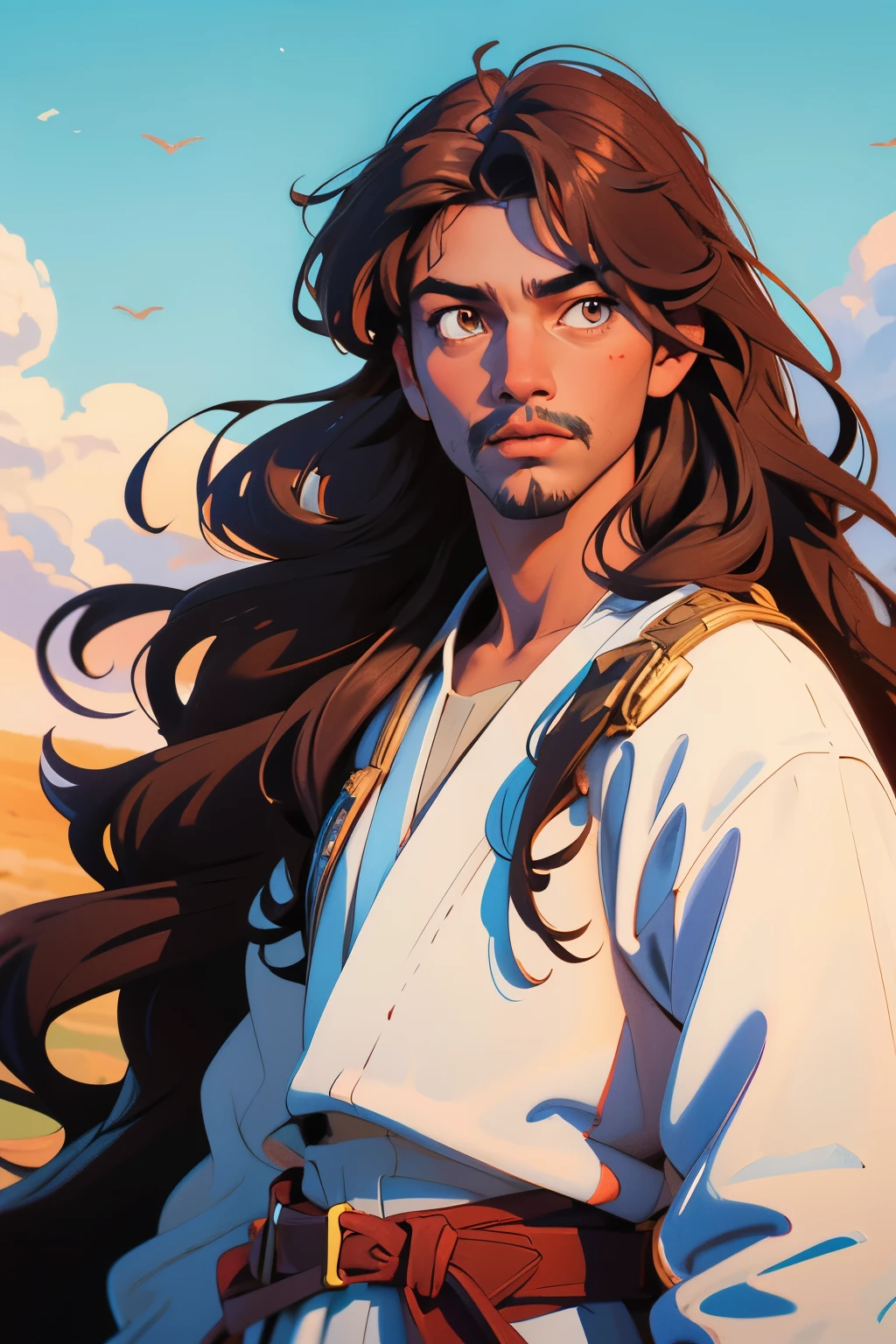 create an image in a semi-realistic painting style of Jesus As a man. with brown skin, wavy hair down to the shoulders, and wearing a diadem on the head and eyes like the sun, dressed in a white robe stained with blood him lookin at the front