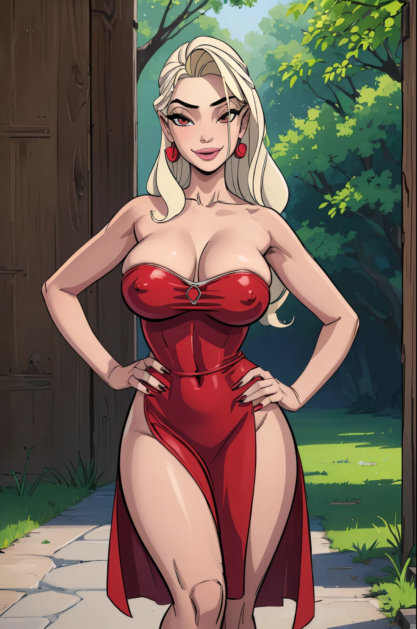 (masterpiece, best quality:1.2), sleepygimp, 1girl, solo, dress, jewelry, long hair, hand on hip, earrings, red dress, blonde hair, large , , sensual, brown eyes, outdoors, looking at viewer, day, strapless, smile, 