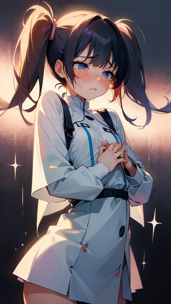 A beautiful girl with twin tails is crying as she holds her hands over her chest and worries about her flat chest.

