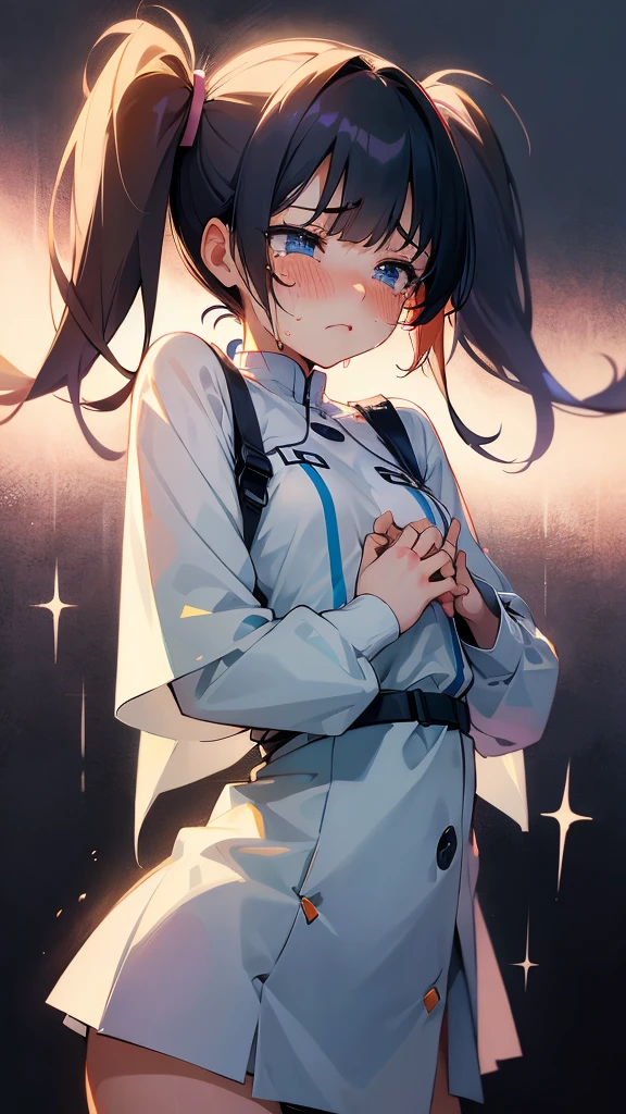 A beautiful girl with twin tails is crying as she holds her hands over her chest and worries about her flat chest.