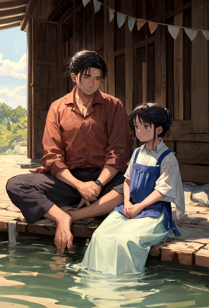 Family of a man and a woman with a little male son, sitting talking about it water, worried because it is running out in their community 