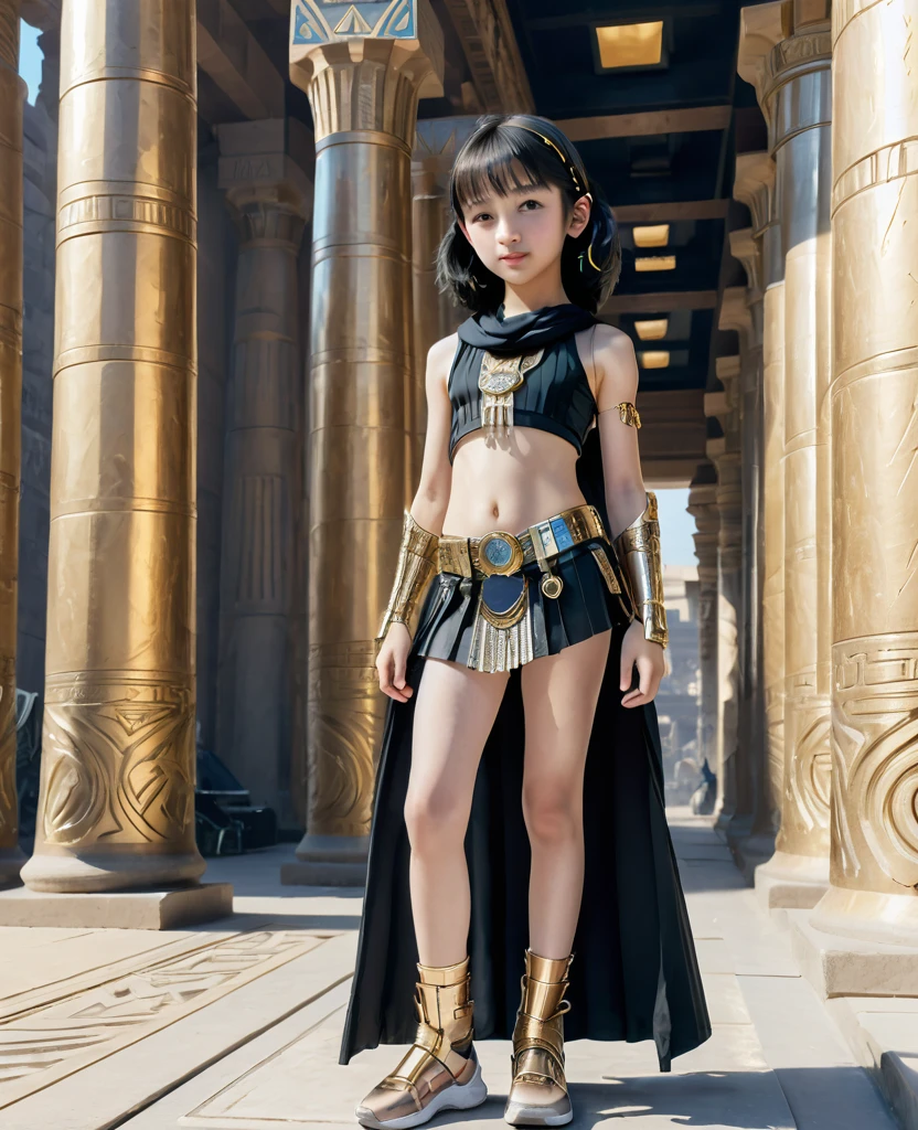 close, full length,Cute  girl , Cyberpunk Gold Parts Body,Egyptian pillars in the background, Super high-quality details