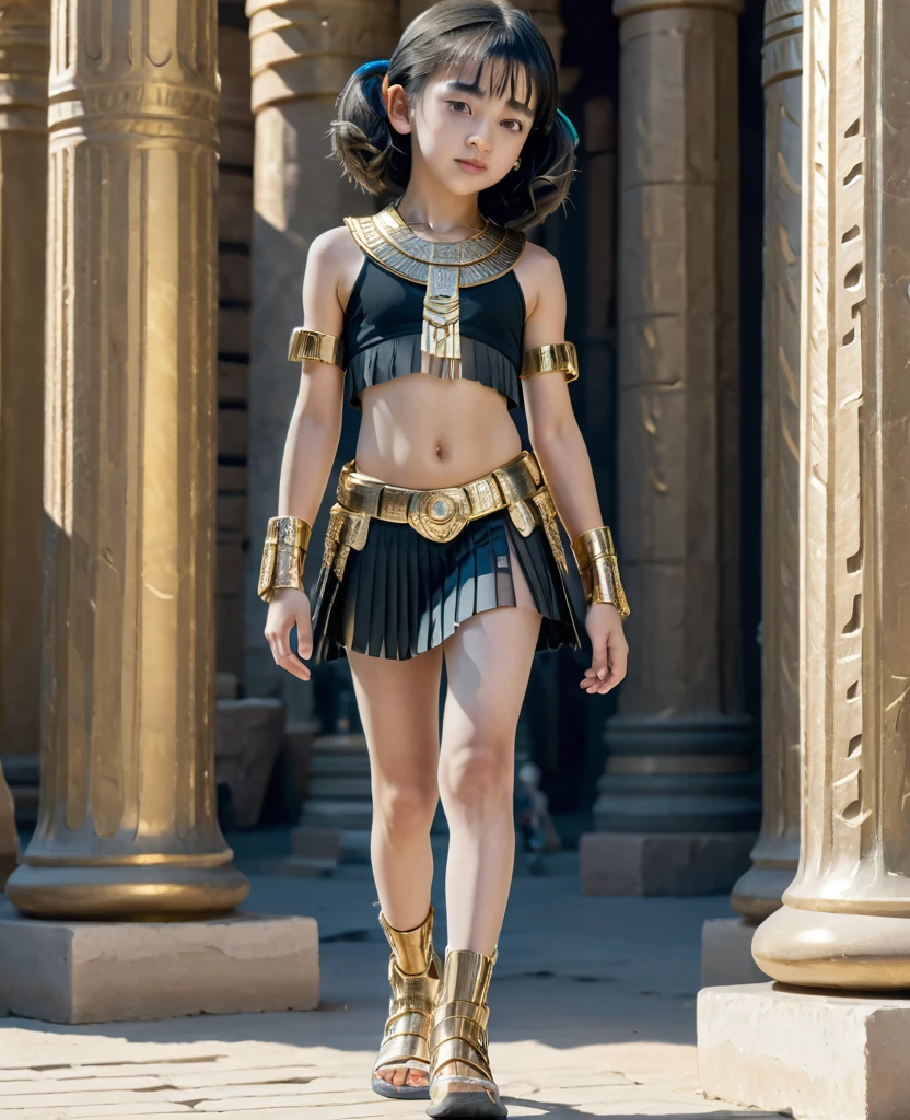 close, full length,Cute 10 year old girl , Cyberpunk Gold Parts Body,Egyptian pillars in the background, Super high-quality details