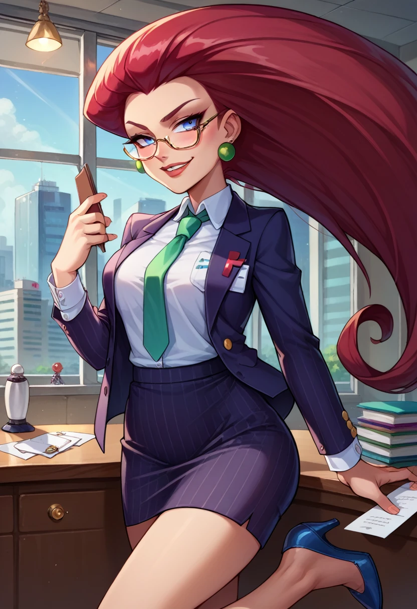 score_9,score_8_up,score_7_up,score_6_up, source_anime, 1girl, solo, (((EPpkJessie))), long hair, blue eyes, glasses, red hair, hair slicked back, pinstripe skirt suit, suit and tie, (((three-piece suit))), silk dress shirt, shirt and tie, necktie, ((blazer)), ((suit jacket)) ((waistcoat)), ((bodycon miniskirt)), stockings, high heels, tie clip, pocket square, tailored suit, (((cufflinks))),
office, holding clipboard, smug, confident, arrogant