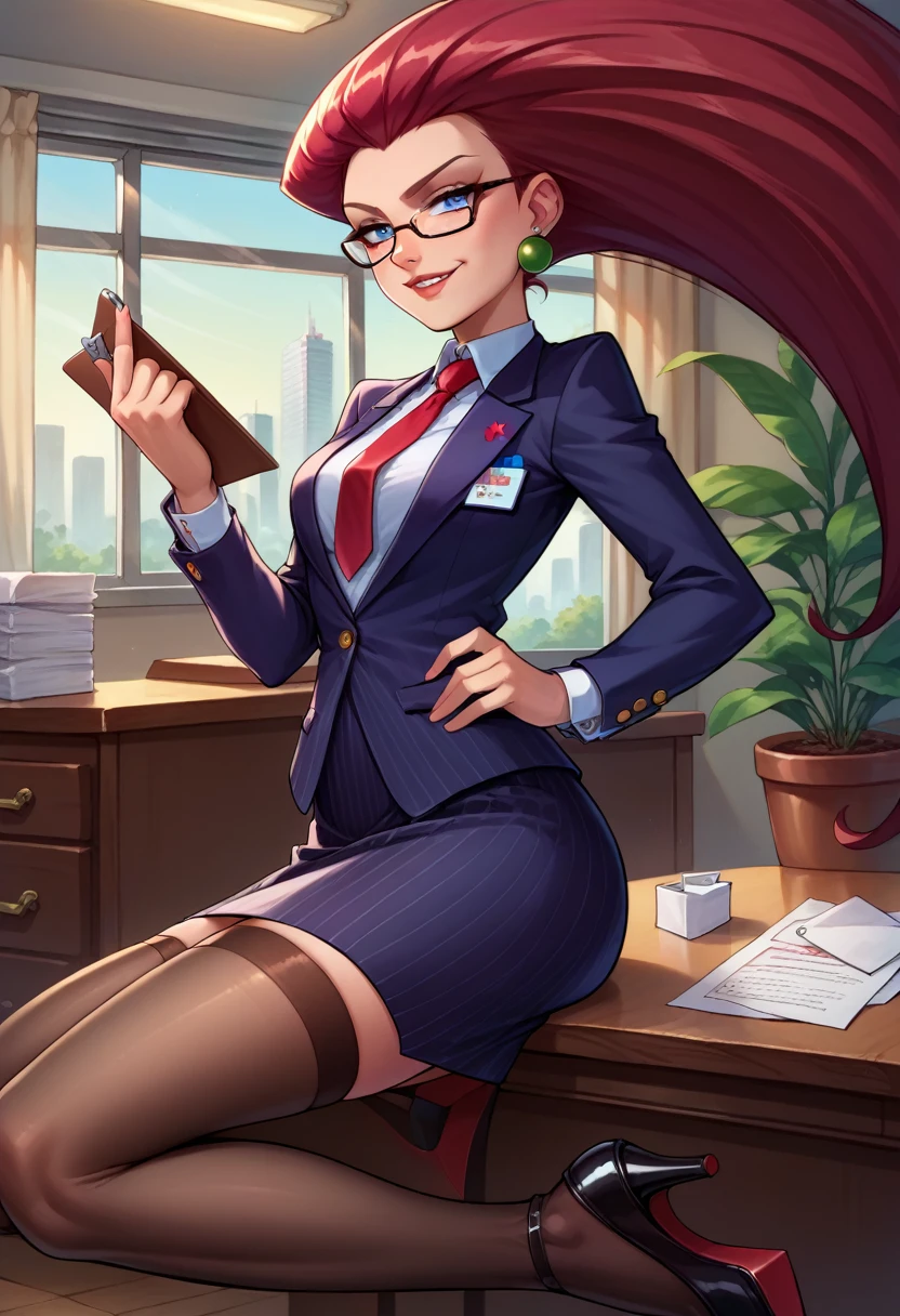 score_9,score_8_up,score_7_up,score_6_up, source_anime, 1girl, solo, (((EPpkJessie))), long hair, blue eyes, glasses, red hair, hair slicked back, pinstripe skirt suit, suit and tie, (((three-piece suit))), silk dress shirt, shirt and tie, necktie, ((blazer)), ((suit jacket)) ((waistcoat)), ((bodycon miniskirt)), stockings, high heels, tie clip, pocket square, tailored suit, (((cufflinks))),
office, holding clipboard, smug, confident, arrogant