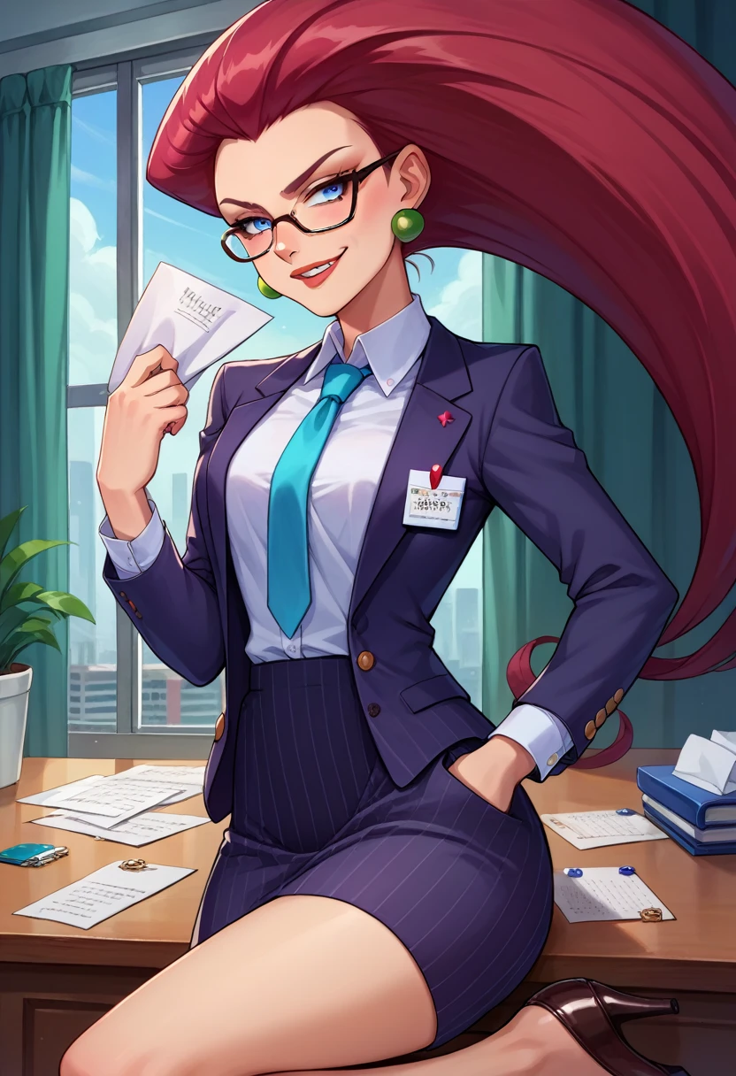 score_9,score_8_up,score_7_up,score_6_up, source_anime, 1girl, solo, (((EPpkJessie))), long hair, blue eyes, glasses, red hair, hair slicked back, pinstripe skirt suit, suit and tie, (((three-piece suit))), silk dress shirt, shirt and tie, necktie, ((blazer)), ((suit jacket)) ((waistcoat)), ((bodycon miniskirt)), stockings, high heels, tie clip, pocket square, tailored suit, (((cufflinks))),
office, holding clipboard, smug, confident, arrogant