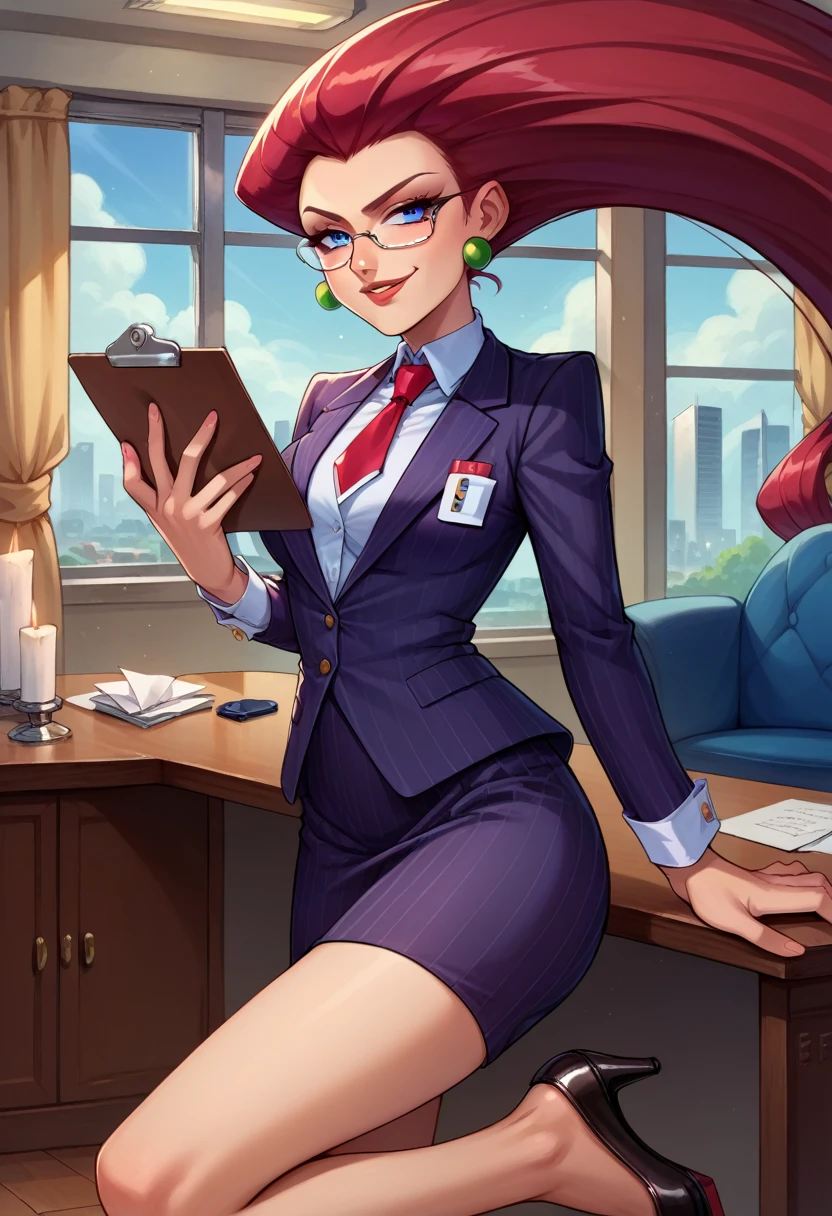 score_9,score_8_up,score_7_up,score_6_up, source_anime, 1girl, solo, (((EPpkJessie))), long hair, blue eyes, glasses, red hair, hair slicked back, pinstripe skirt suit, suit and tie, (((three-piece suit))), silk dress shirt, shirt and tie, necktie, ((blazer)), ((suit jacket)) ((waistcoat)), ((bodycon miniskirt)), stockings, high heels, tie clip, pocket square, tailored suit, (((cufflinks))),
office, holding clipboard, smug, confident, arrogant