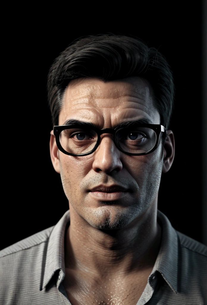 Cartoon character of a man wearing black glasses and a blue shirt, um personagem animado, Caractere estilizado, animation style rendering, 3D estilizado, Arnold Maya render, 3 d render stylized, toon render keyshot, Personagem 3D, Personagem 3D, 3d rendering stylized, 3 d character render, personagem de desenho animado, Personagem de close up, Pose de personagem, (Estilo Pixar) (master part:1.2) (Bokeh) (best quality) (pele detalhada) (textura detalhada) (8k) (argila) (Cinematic lighting) (foco nítido，Senta e vaza a parte superior do corpo