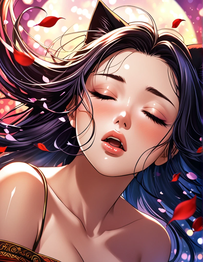 (Harem Manga style:1.2) , Hallucination, daydream , nightmare , Insane Dream , bokeh , erotica , romance , cat nymphs and realistic cat , Petals fluttering down , (Single eyelids, round nose, swollen cheeks) , glossy lips , Collarbone , Hair blowing in the wind , Goddess of lust