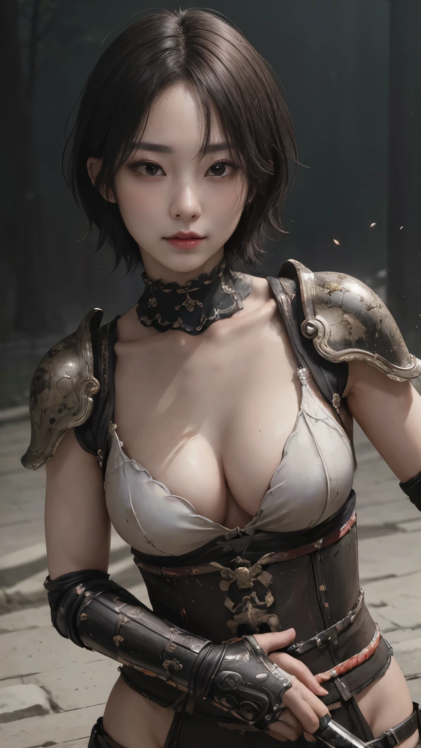 (8K, Highest quality, masterpiece:1.2), (Realistic:1.4), Raw photo, Highest quality, Ultra-high resolution, Best Shadow, (whole body:1.4), Woman with short hair, Japanese Armor, Samurai Sword, Large stunning environments, Horror, Horror oscuro, Highly detailed facial features, Beautiful and perfect face, Perfect Eyes